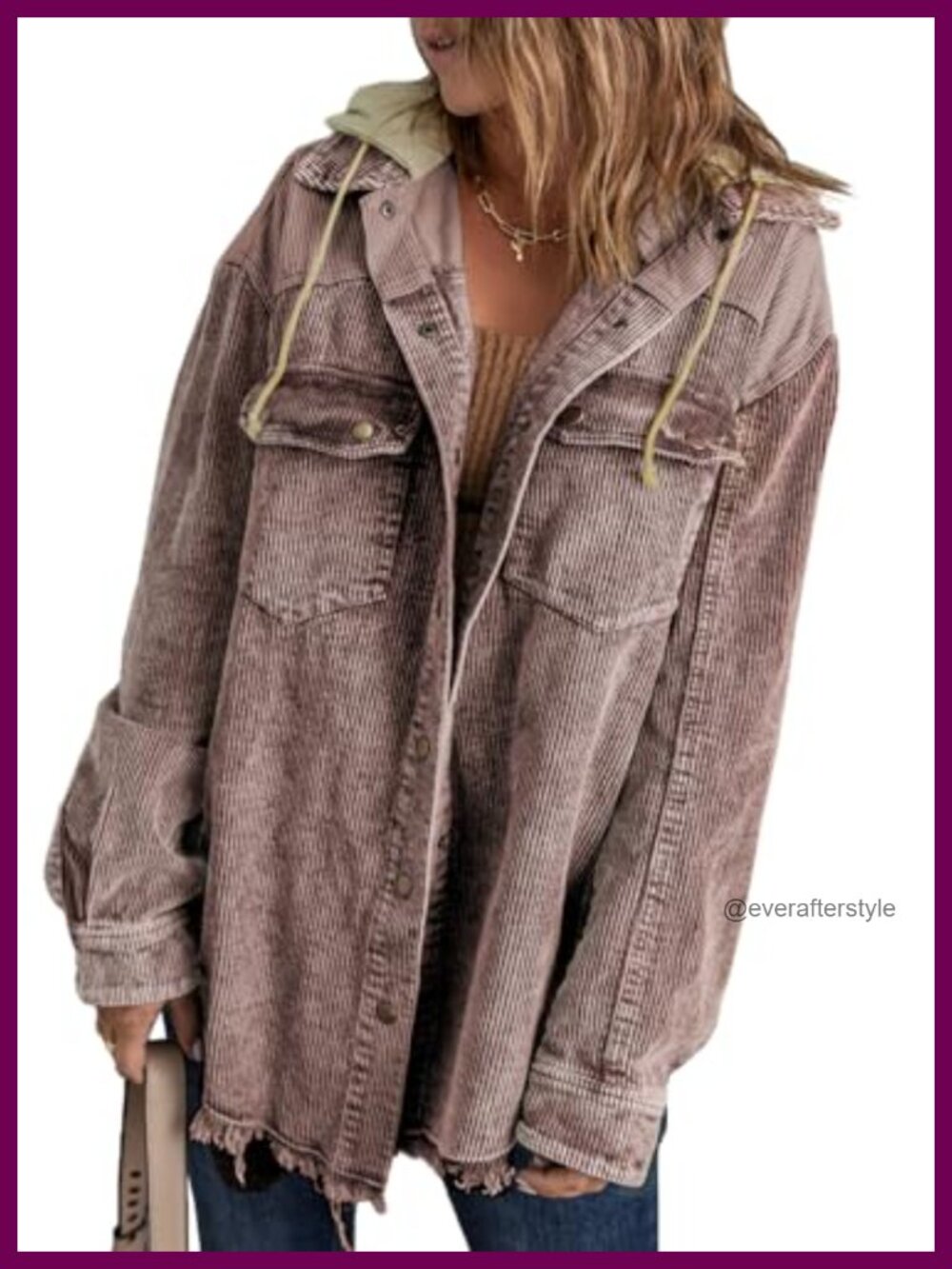 Corduroy Shacket Jacket Long Sleeve Button Down Hooded Coat Pockets